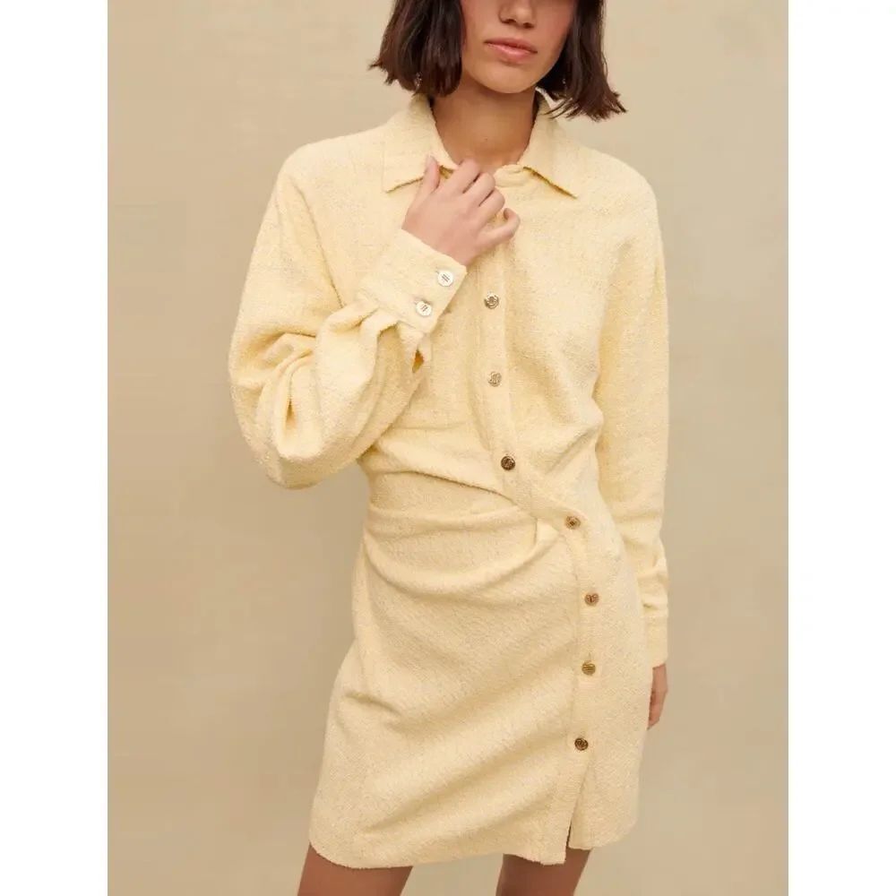 Maje Rillo Asymmetric Tweed Shirt Dress Pale Yellow FR 42 US 10